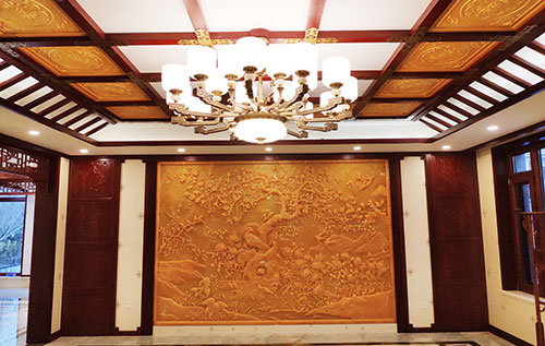 新丰中式别墅客厅中式木作横梁吊顶装饰展示
